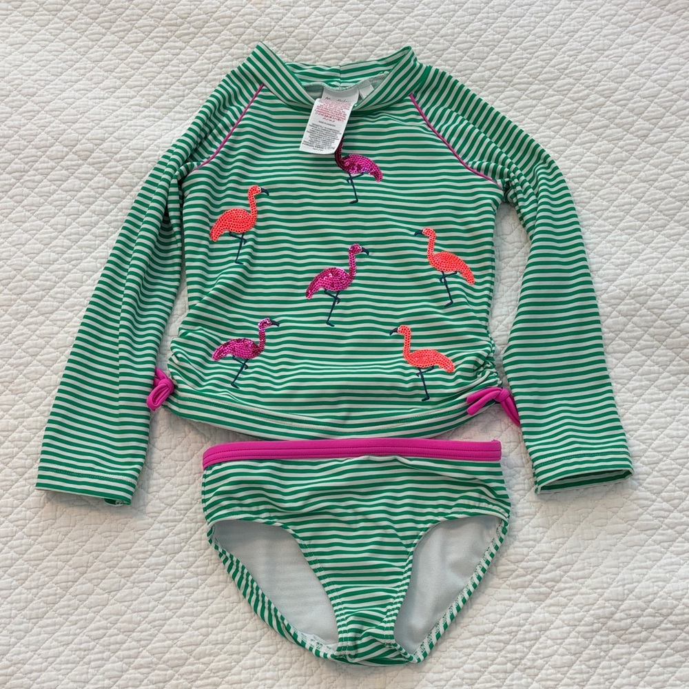 Mini Boden Green Striped Rashguard with Pink Flamingos